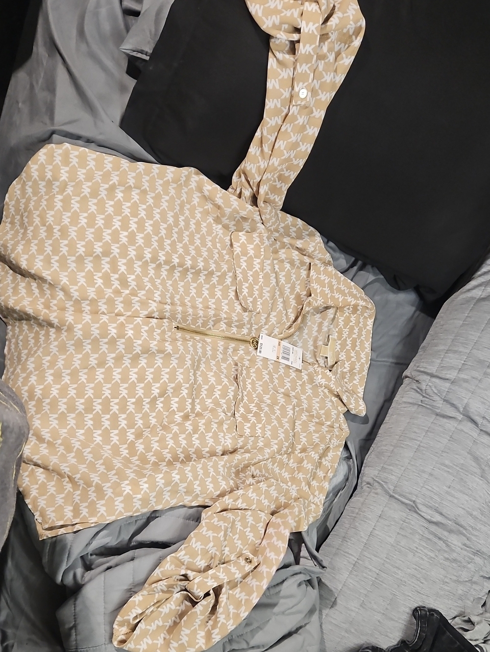 Michael Kors Tan/Khaki and White Logo Half-Zip Shirt